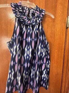 Ann Taylor Silk Sleeveless Ruffled Neck Ikat Print Top - Navy & Lavender Size 12